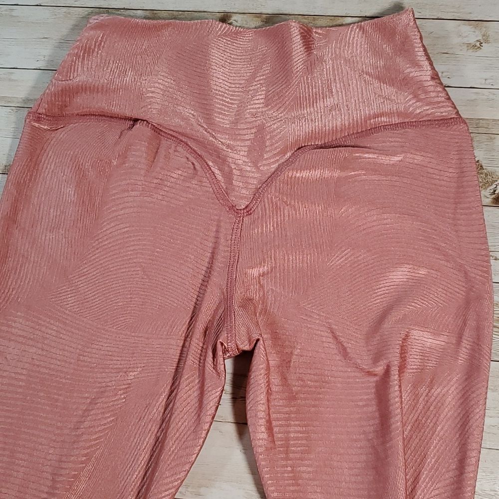 ABS2B Leggings Pink Tan Feather Textured Shiny Butt Booty Large
